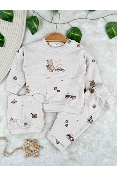 Minizade Racer Bear Printed 100% Cotton 3-Piece Baby Boy Set with Seasonal Cap
