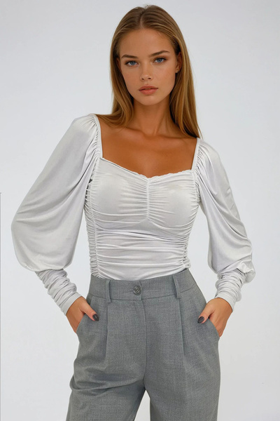 VAGGON Γυναικείο γιακά λευκό φιλί Πριγκίπισσα μανίκι μπροστά ντραπέ σανδί μπλούζα Prmx12966