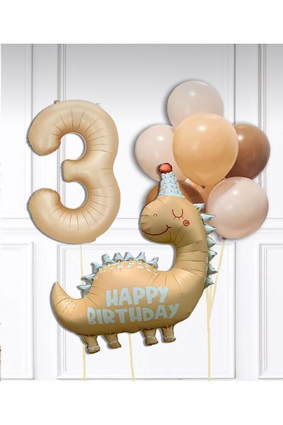 Çemrek Süs Parti Cream Dinosaur and Number Foil Balloon Set 12 Pieces