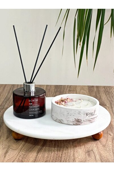 ÖZAY HOME Doğal Mermer Pasta Kek Standı, 28 Cm, Ahşap Ayaklı Kek Standı, Merm...