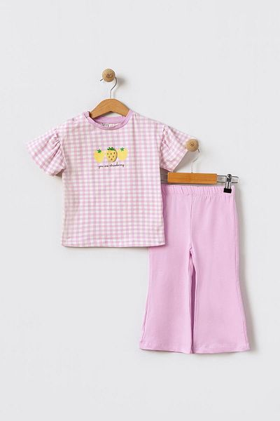 Magu Cotton Pink Checkered Yellow Strawberry Print Baby Girl T-Shirt and Pants Set
