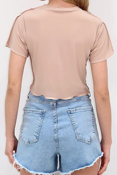 VAGGON Γυναικεία μπλούζα με μπεζ λαιμόκοψη με ραμμένη μπροστινή άμμο Prmx11782