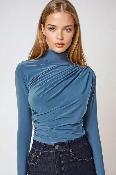 VAGGON Indigo Blue γυναικείο γιακά με ντραπέ ώμου Αμμώδης μπλούζα Prmx9554