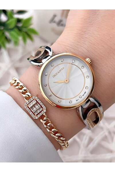 Dice Kayek Çelik Kordon Çelik Kasa Kararma Renk Atma Yapmaz Kadın Kol Saati+Bileklik AG1285.05