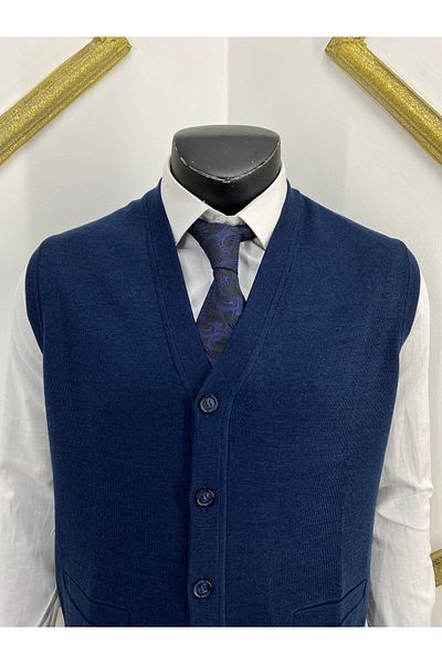 Sadık Collection Fire Knitwear Ανδρικό μάλλινο γιλέκο με λαιμόκοψη V με λεπτομέρεια 492
