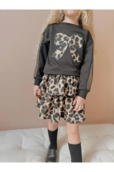 RAPAPA Bow Printed Leopard Skirt Girl's Top and Bottom Set Black