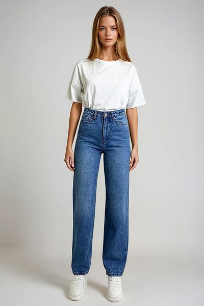 VAGGON Pantaloni Palazzo Jean cu talie înaltă albastru închis pentru femei Prmx13307