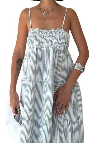 Moda Amore Rochie de vară din in - Rochie de damă cu dungi cu bretele și detalii Gipe 4201