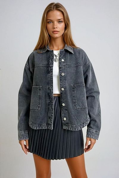 VAGGON Women's Anthracite Pocket Detailed Washed Jean Jacket Prmx13311