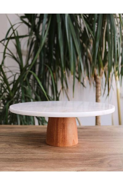 Lizzy Marble Pattern Cake Cake Stand, Wooden Footed Cake Stand, Marble Cheese Plate 28 cm