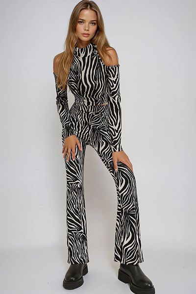 VAGGON Women's Black-White Patterned Spanish Trousers with Grass on the Front Prmx10914