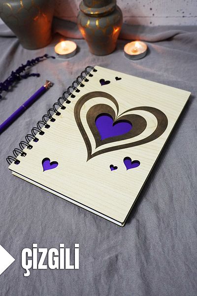 markcat Agenda School Notebook with Line Notebook in 120 Sheets with Heart Motif Wooden Cover (A5)