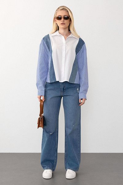 Olcay Cămașă scurtă cu croială relaxată cu detaliu din denim ALBASTRU-ALB 9277
