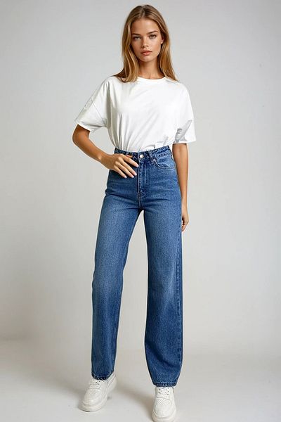 VAGGON Pantaloni Palazzo Jean cu talie înaltă albastru închis pentru femei Prmx13307