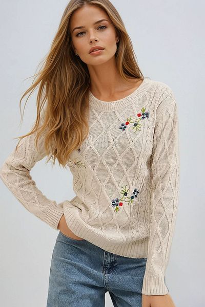 VAGGON Pulover de iarnă cu broderie cu gât bej pentru femei Prmx7352
