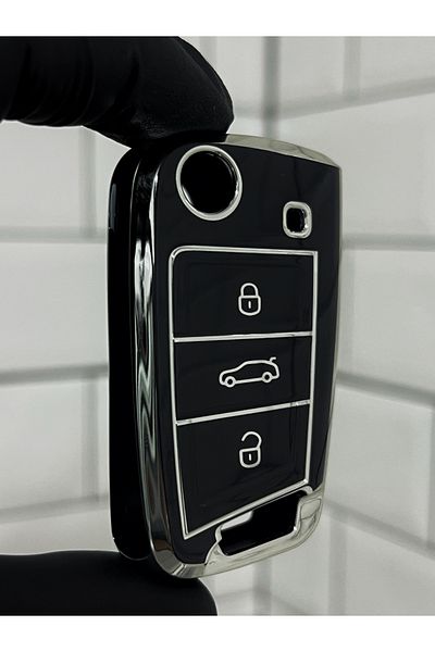 BARKAS ELEKTRONİK Volkswagen T-Roc Taigo T-Cross Polo Golf Tiguan - Black Silver Key Case