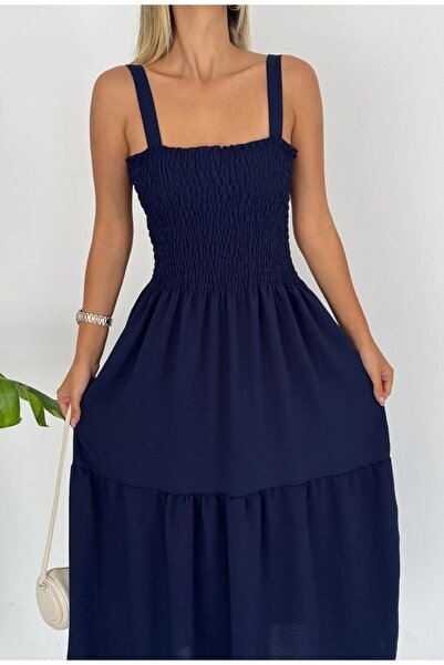 KaSheHa Lacivert Kalın Askılı Eteği Fırfırlı Üstü Gipeli Elbise 125 Cm