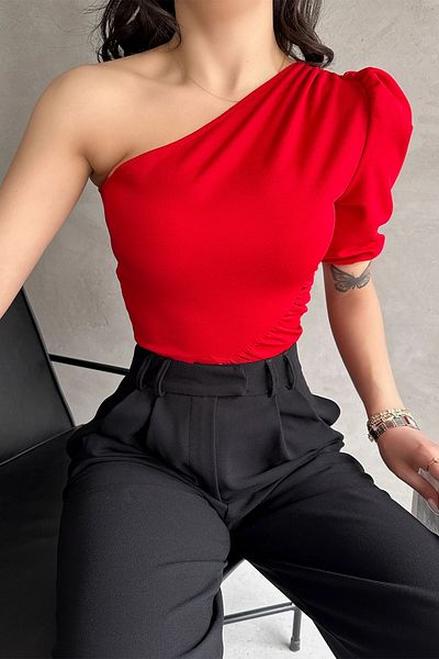 Fav Style Women's Asymmetrical Collar One Shoulder Short Princess Sleeve Crop Blouse Red