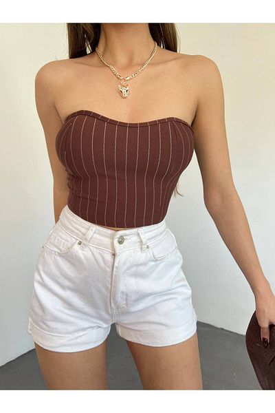Fav Style Γυναικεία Στράπλες Ριγέ Crop Top Μπλούζα Καφέ
