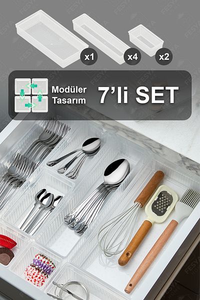 Fesya Home ORIGAMI 7 τεμαχίων Modular Spoon Fork Knife Tongs Organizer Εσωτερική οργάνωση - Διαφανές 2O-4B-1XL
