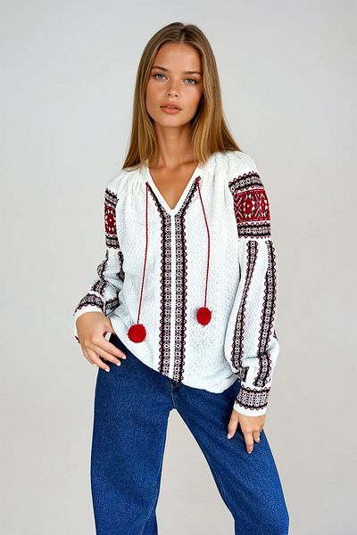 VAGGON Women's Red Ethnic Patterned Pompom Knitwear Sweater Prmx11001