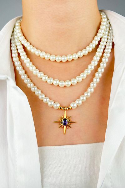 Sose Moda Purple Stone North Star Three Row Pearl Necklace - White