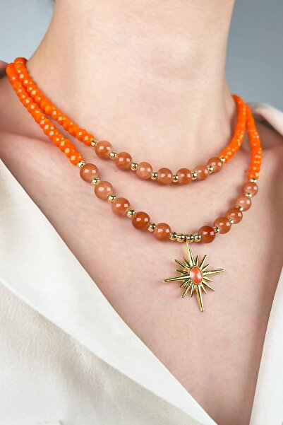 Sose Moda Kuzey Yıldızı Uçlu İki Sıra Dorikalı İnci Kolye - Turuncu