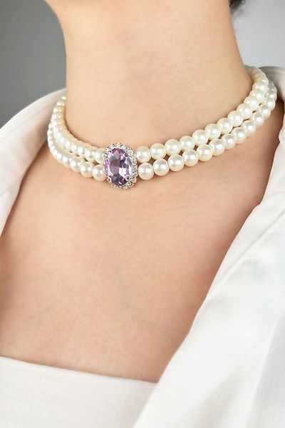 Sose Moda Purple Crystal Pointed Pearl Choker Necklace