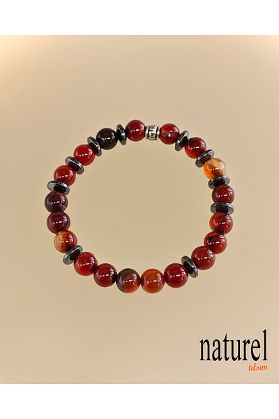 Naturel Tılsım Agate-Hematite Natural Stone 8mm Unisex Bracelet