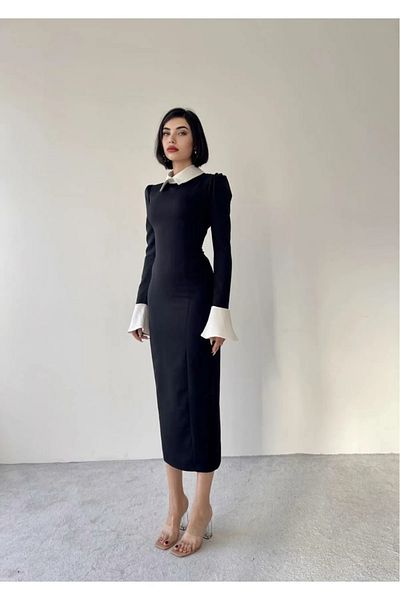 Afiş Butik Negru Alb Detaliu Auriu Guler Cămașă Scurtă - Rochie Lungă