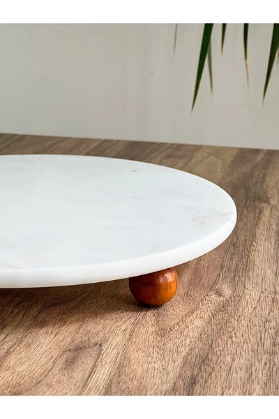 Lizzy Marble Patterned 28 cm Decorative Stand Wooden Ball Foot Presentation Stand