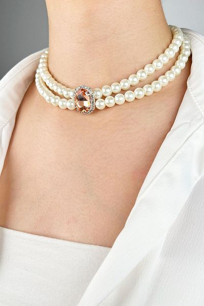 Sose Moda Orange Crystal End Pearl Choker Necklace