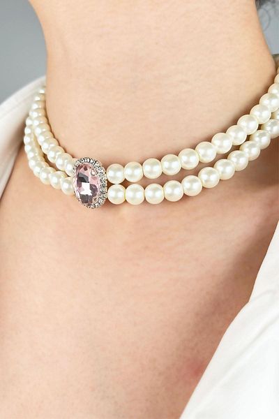 Sose Moda Pink Cristal End Pearl Choker Necklace