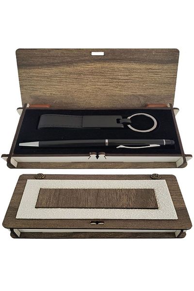 Skygo Black Pen and Keychain Set with Wooden Box