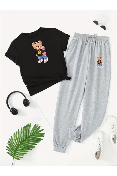 DAXİS Sportwear Company Women's Teddy Bear Printed Tracksuit Set T-Shirt Jogger Sweatpants - Bottom Top Set