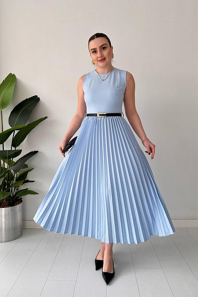 MaziButik Rochie albastră plisată fără mâneci pentru păpuși