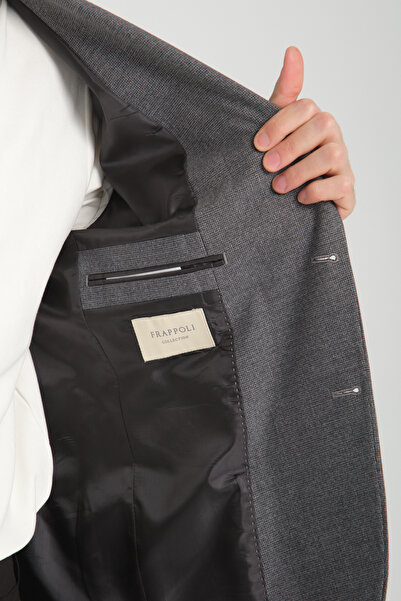 Frappoli Tadic Men's Dark Gray Patterned Stretch Fabric Slim Fit Bag Pocket Half Lining 4 Season Blazer Jacket
