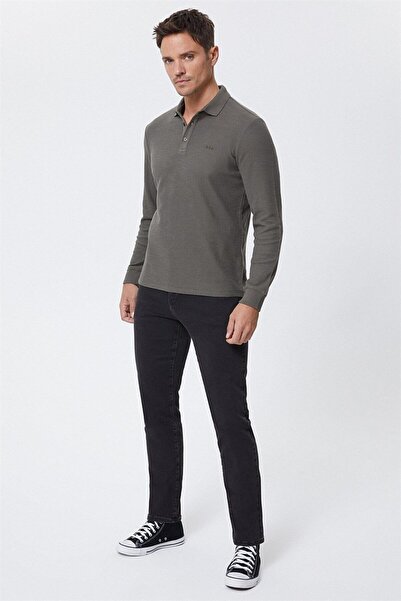 Lee Cooper Tylens Men's 100% Cotton Polo Neck Long Sleeve T-Shirt Khaki