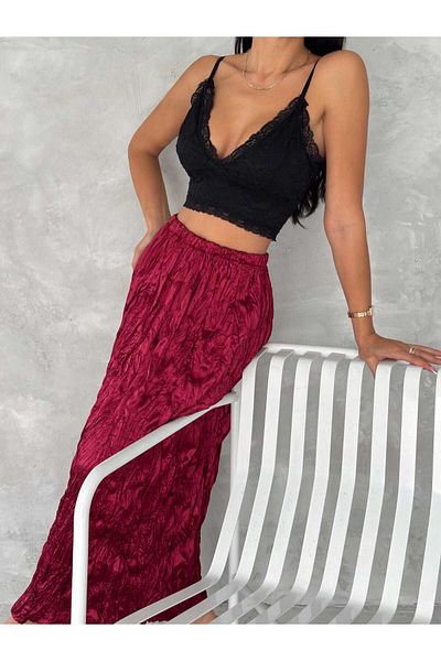 Butik Fusta lungă din satin pentru femei Merrline, roșu claret, 100% țesut premium, cu talie încrețită