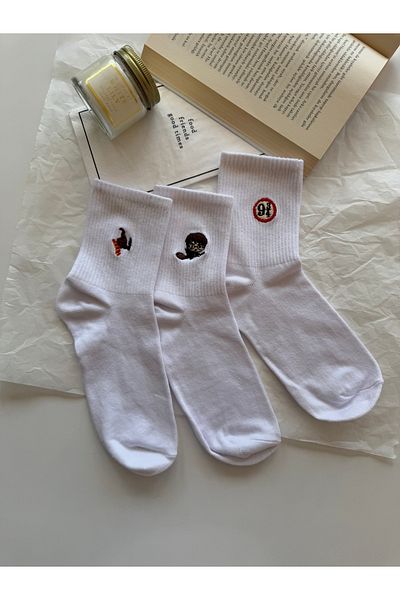 AYDK Harry Potter Embroidered Collectible Cotton White Summer Winter 3 Pairs Socks Set