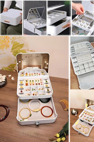 Munico Büyük Kapasiteli Çok Katmanlı Çekmeceli Saklama Kutusu Aynalı Kolye Yü...