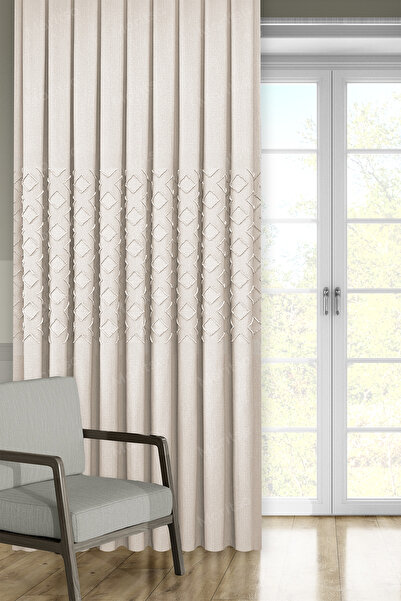 MARİTSA Fon Perde - Keten Serisi Pano Aztek Desen Krem Sık Pile(1x3) Curtain