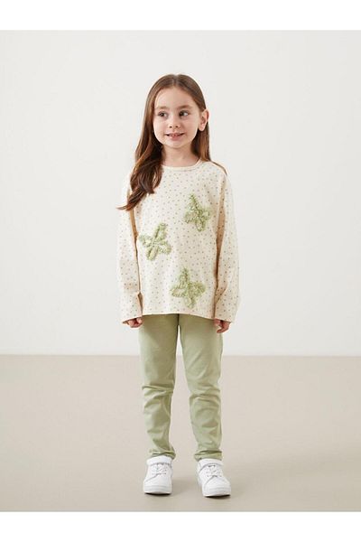 LC Waikiki Lcw Kids Ecru Crew Neck Butterfly Girls' T-Shirt and Leggings 2-Piece