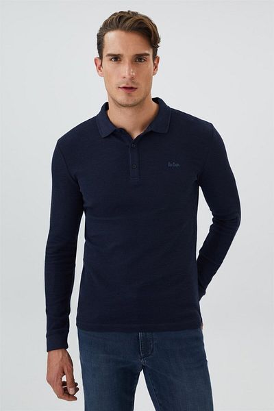 Lee Cooper Мъжка тениска с дълъг ръкав и поло яка Tylens, 100% памук, светло тъмносиня