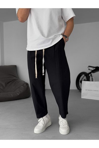 BYBASICMAN بنطلون كتان أسود فضفاض JJ-181
