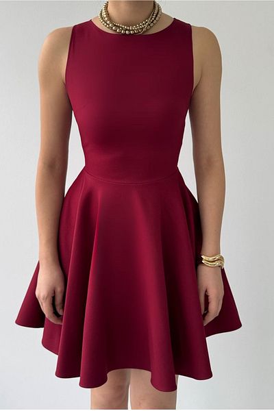 bayansepeti Rochie mini evazată fără mâneci, cu buzunar dublu din țesătură Atlas burgundă 366
