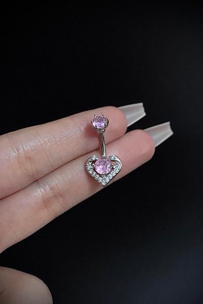 Blisse Piercing Women's Surgical Steel Double Stone Pink Heart Figured Belly Navel Piercing