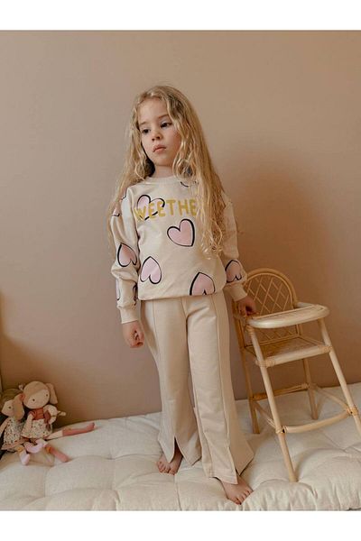 YİGİT BUTİK Yigit Butik Heart Printed Grass Stitched Spanish Leg Girl's Bottom Top Set