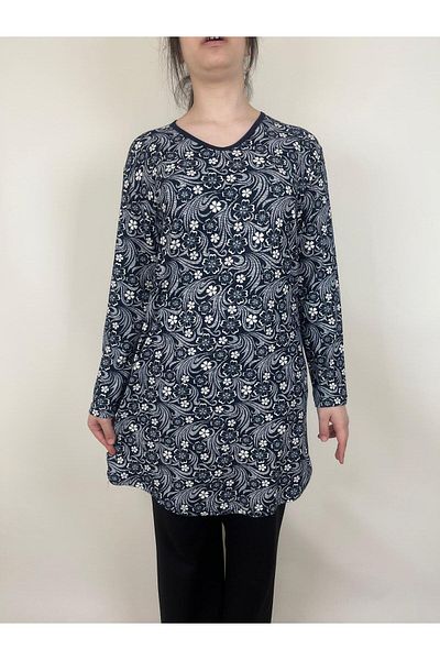 YAŞAR TRİKO Women's Navy Blue White V Neck Long Sleeve Suede Soft Fabric Tunic