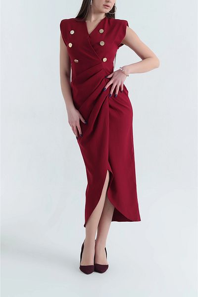 vuvutasarım New Season Burgundy Draped Button Detail Atlas Dress